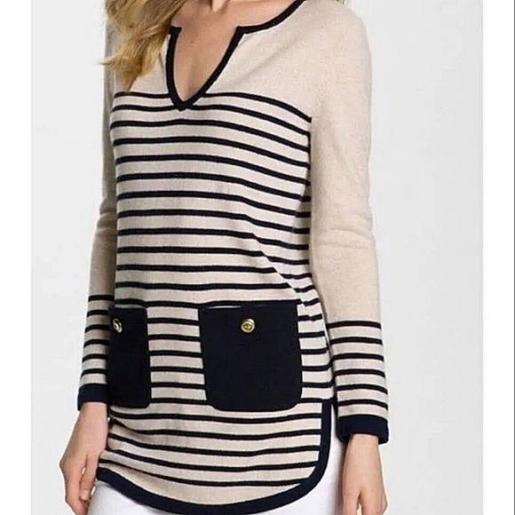 TORY BURCH-Odessa Pullover Sweater Stripe Long Sleeve Tan Navy Blue-Size Medium - Picture 1 of 17